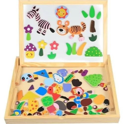 Puzzle En Bois Magnétique - Baby - Jouets Educatif Animaux - 100 Pièces - Tableau Noir Réglable Très Coloré