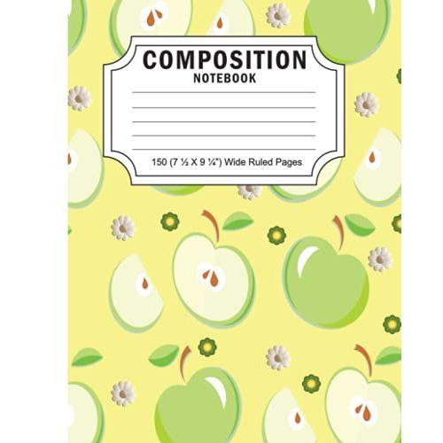 Composition Notebook 150 (7.5" X 9.25") Wide Rule Pages: Green Apple Blossom For Back To School