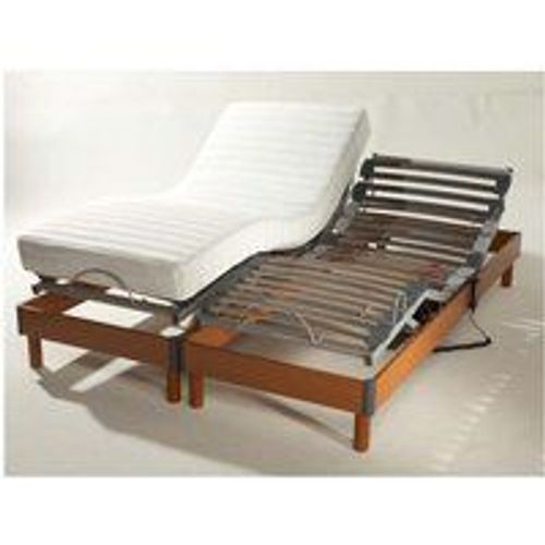 Lit Relaxation Matelas 100% Latex 5 Zones + Sommier Merisier Lattes Avec Réglage Fermeté Au Niveau Lombaire