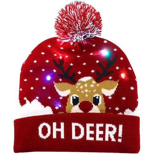Chapeau De Noël À Led, Chapeau De Noël Lumineux Unisexe Bonnet Tricoté Chapeau De Vacances Avec Impression De Cerf Pour La Fête (Rouge)