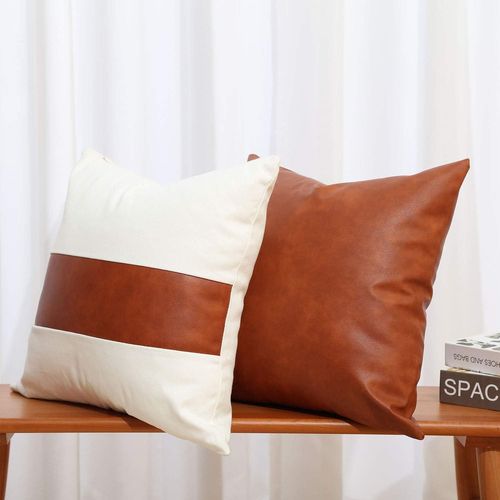 Lot De 2 Housses De Coussin Décoratives En Simili Cuir Et Coton, 45,7 X 45,7 Cm