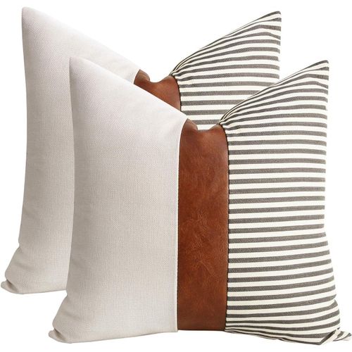 Lot De 2 Housses De Coussin En Lin Patchwork À Rayures Décor De Ferme, Housses De Coussin En Similicuir Beige Moderne 45,7 X 45,7 Cm, Gris