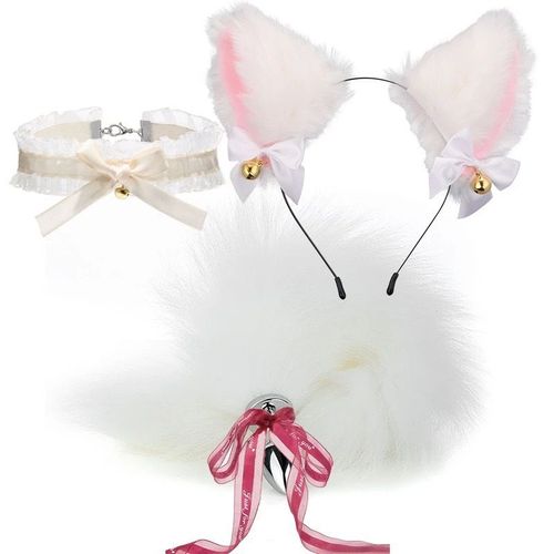 Bandeau De Chat Blanc 3 Pièces (Bandeau, Queue, Collier) Animation En Peluche Jeu De Rôle Oreilles De Chat (Pain En Forme D'oreille De Chat Cuit À La Vapeur) Bandeau Fourrure Animal Bandeau Vêtements