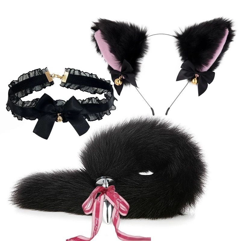 Bandeau De Chat Noir 3 Pièces (Bandeau, Queue, Collier) Animation En Peluche Jeu De Rôle Oreilles De Chat (Pain Cuit À La Vapeur En Forme D'oreille De Chat) Bandeau Fourrure Animal Bandeau Vêtements M