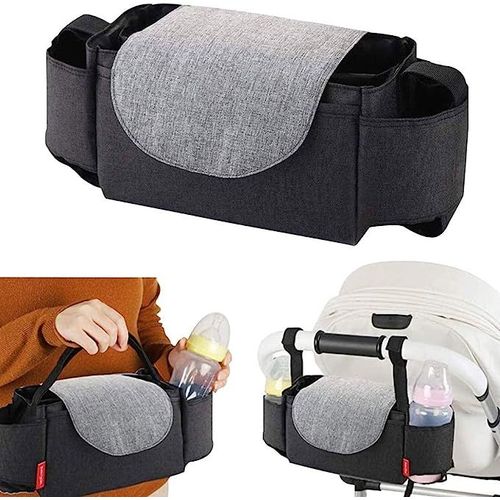 Baby Buggy Organizer Poussette Landau Porte-Gobelet Sacs Maman Sac Organisateur Universel Avec 2 Porte-Bouteilles Poches (Noir)