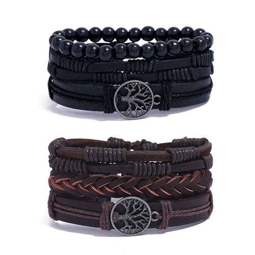 Ensemble 6 Pièces De Bracelets En Cuir Pour Hommes (Noir Et Marron) Avec Bords Recourbés, Perles De Bois De Pompon, Charme Religieux Ethnique Et Tribal