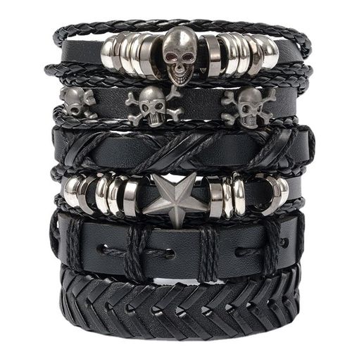 6 Bracelets Cuir Tressé Noir Homme, Bracelets Tête De Mort Punk, Bracelets Homme Rock, Bijoux Punk Réglables, Homme Et Femme