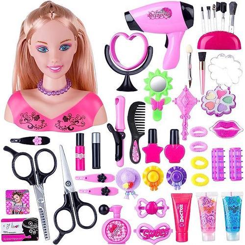 Tête À Coiffer Et À Maquiller, 45 Pièces Maquillage Accessoires Cheveux Pour Enfants, Coiffure Poupée Maquillage Jouet Petite Fille