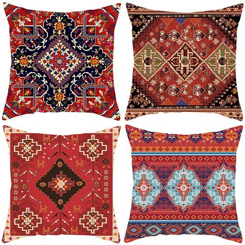 Lot De 4#A Housse De Coussin Décoratifs 45x45 Décoratif Taie Tribal Rouge Housse Coussin Coloré Imprimé Motif De Tapis Jeter D'oreiller Bohême Canapé Maison Salon Chambre