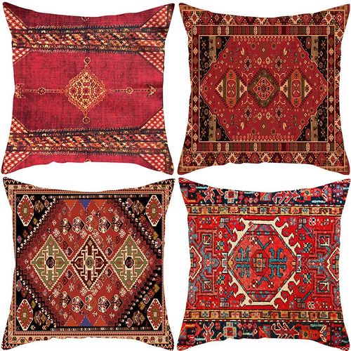 Lot De 4#B Housse De Coussin Décoratifs 45x45 Décoratif Taie Tribal Rouge Housse Coussin Coloré Imprimé Motif De Tapis Jeter D'oreiller Bohême Canapé Maison Salon Chambre