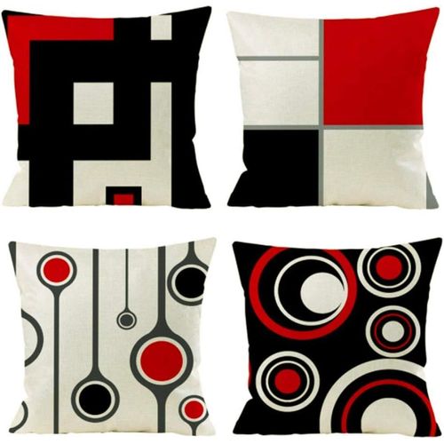 Housse De Coussin, 45 X 45 Cm Lot De 4 En Coton Et Lin Moderne Noir Rouge Géométrique Modèle Décoratif Taie D'oreiller Décoration Pour Canapé Chambre Maison