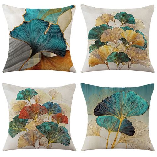 Lot De 4 Housse De Coussin 45x45 Turquoise Et Or Taies D'oreiller En Lin Coussins De Canapé Décoratifs Ginkgo Dorées Housses De Coussin Décoratives Moderne