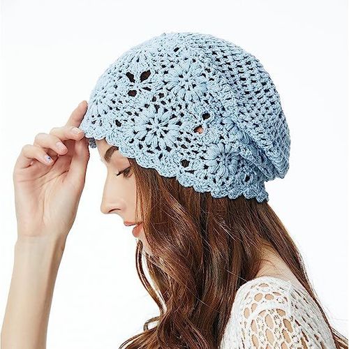 Bonnet Femme En Coton Fin (Bleu Ciel), Bonnet Tête De Mort Fleur D'été Évidé Tricoté Main