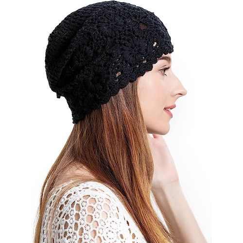 Bonnet Femme En Coton Fin (Noir), Tricoté À La Main Bonnet Tête De Mort Fleur D'été Évidé