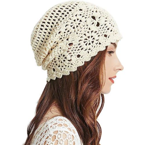 Bonnet Femme En Coton Fin (Beige), Tricoté À La Main Bonnet Tête De Mort Fleur D'été Évidé