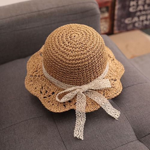 Chapeau De Paille D'été Pour Bébé Fille,Kaki, 8-48 Mois Avec N¿Ud En Dentelle Et Protection Solaire À Large Bord Pliable Pour Les Vacances, Les Voyages Et L'extérieur