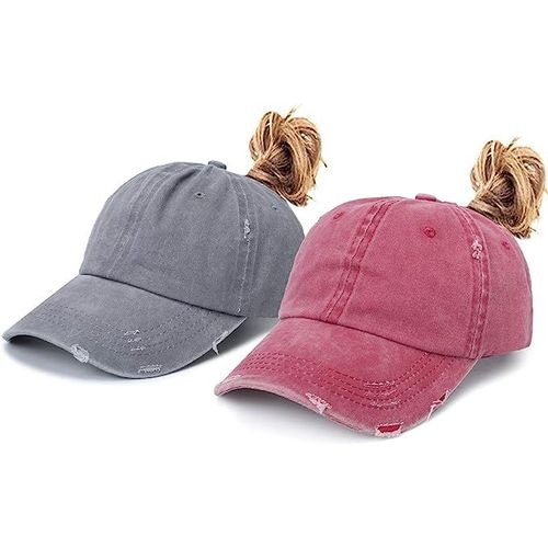 2 Pièces Gris Vieilli + Rouge-Casquette De Baseball En Coton Délavé Pour Femme