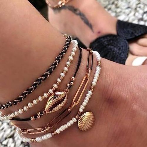 5 Pièces Bohème Coquillage Charme Pendentif Cheville Ensemble Cuir Noir Chaîne Tissé Corde Perle Perlée Cheville Chaîne Bohème Plage Femmes Et Filles Bijoux