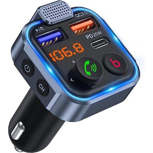 Transmetteur FM de voiture, kit de voiture adaptateur sans fil Bluetooth 5.0 sans fil, chargeur rapide de voiture PD3.0 Type C 20W + QC3.0, appel mains libres, lecteur flash USB haute fidélité sans pe