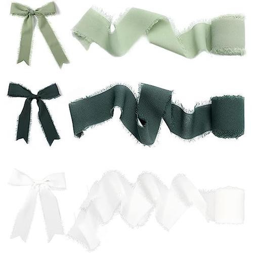 3 Rouleaux De Rubans En Mousseline De Soie (Blanc, Vert Clair, Vert Foncé), 4 Cm X 5,5 Mètres De Rubans De Soie À Pampilles De Couleur, Utilisés Pour L'invitation De Mariage Bouquet Emballage Cadeau D