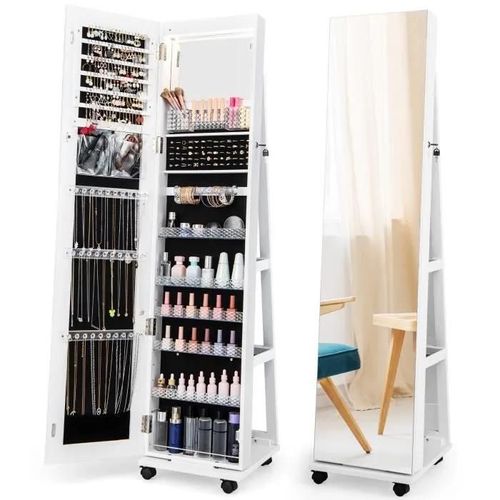 COSTWAY 3 en 1 Armoire à Bijoux sur Roulettes - Miroir Psyché sans Cadre, Lumières LED, Étagères Réglables - Verrouillable - Blanc