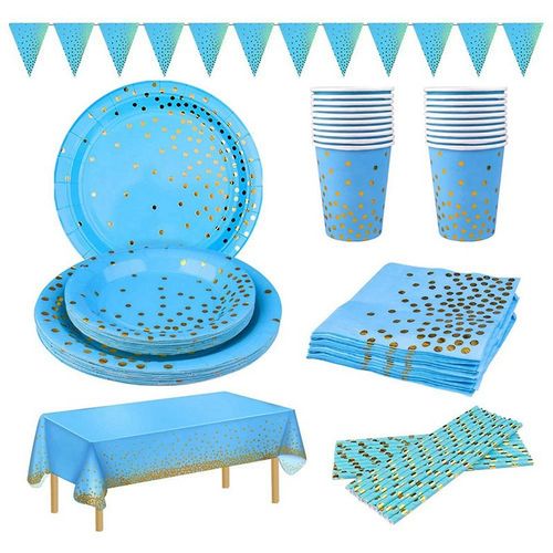 Ensemble De Vaisselle De Fête, Lot De 127, 25 Fournitures De Fête, Feuille D'aluminium Bleue Bronzante, Assiettes, Serviettes, Tasses, Pailles, Linge De Table 