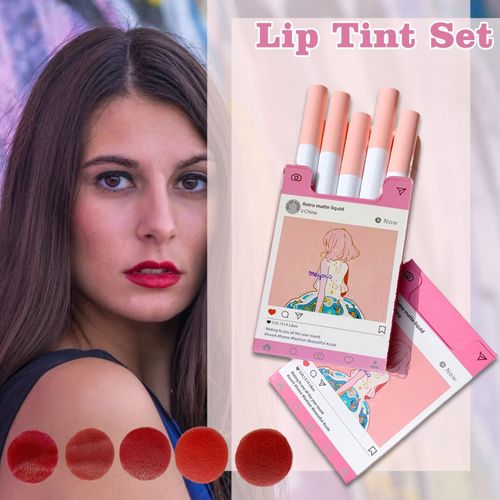 Kit De Gloss À Lèvres Résistant À L'eau, 5 Pièces, Rouge Mat Pour Maquillage, Longue Tenue, Miroir, Glaçure À Lèvres, Étanche, Cos H3m4 