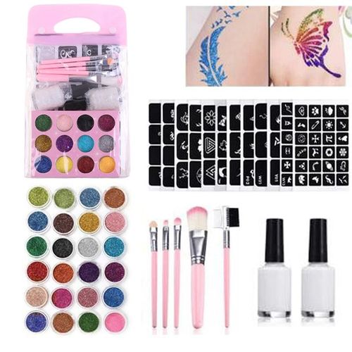 Kit De Tatouage Temporaire, 24 Couleurs, Paillettes, Diamant, Poudre Scintillante, Encre, Peinture Du Visage Et Du Corps, Outils D'art 