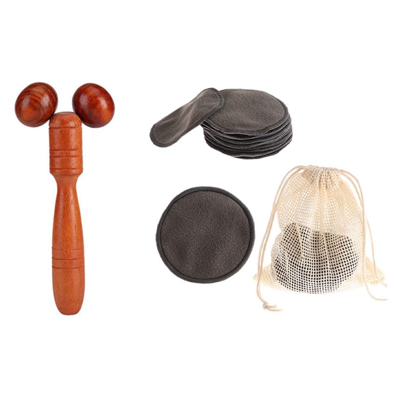 Rouleau De Massage En Bois Rouge, Roue Fine Pour Le Visage Avec 12 Pièces, Démaquillant, Tampon En Coton, Outil De Nettoyage Du Visage 
