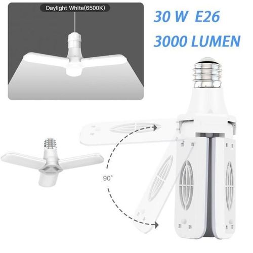 Plafonnier Led Avec Hélice De Ventilateur Pliable, E27, 30w, Angle Réglable, Abs Polyvalent, Idéal Pour Un Garage, 220