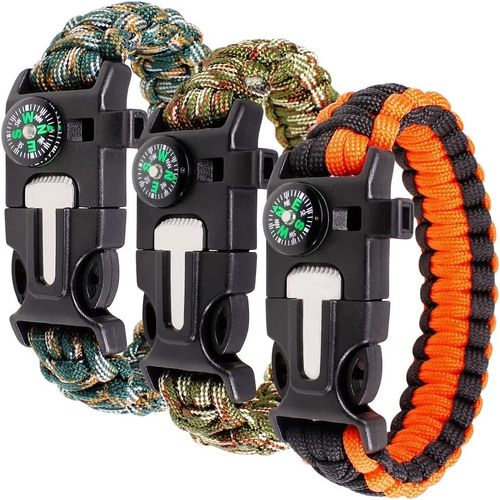 Bracelet Kit Lot De 3 Pour La Survie En Plein Air, 9 Pouces Survival Gear Kit Avec Boussole Intégrée, Allume-Feu, Urgence Couteau & Whistle.