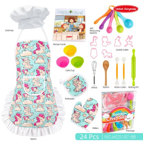 Enfants Maison Cuisine Jouet Fille Cuisine Cuisine Ustensiles De Cuisine Outils De Cuisson Tablier À Gâteau Chapeau De Chef, Licorne Bleue