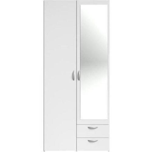 Armoire Varia - Décor Blanc - 2 Portes Battantes + 1 Miroir + 2 Tiroirs - L 81 X H 185 X P 51 Cm - Parisot