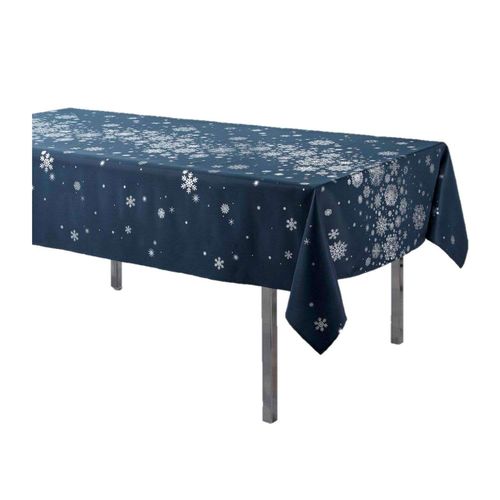 Nappe Rectangulaire Antitache Et Infroissable Imprimé Flocons - L. 150 X L. 300 Cm - Bleu Et Argent