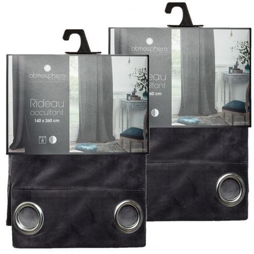 Lot De 2 Rideaux Occultants En Polyester Effet Velours - Gris Foncé - 140 X 260 Cm