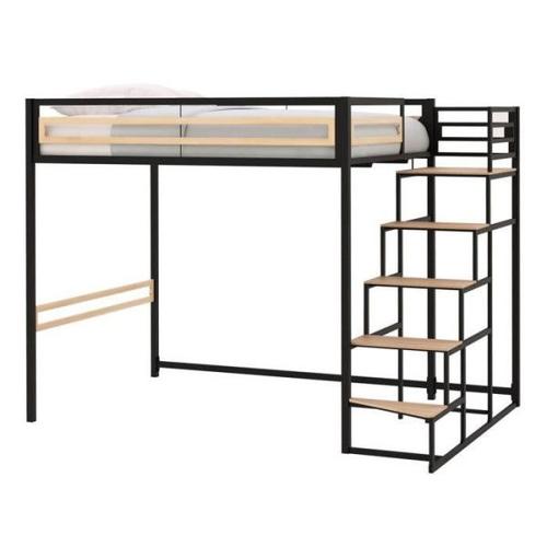 Lit Mezzanine Leon - 140x190 Cm - Métal Noir - Sommier Inclus