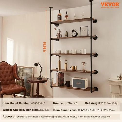 Étagère Industrielle Carrée En Forme De Tuyau-Vevor-5 Niveaux- 2 Pièces-315 Mm-Pour Cuisine, Chambre À Coucher, Salle De Bain