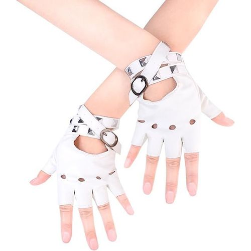 Gants Punk En Cuir Pu Pour Femme (Blanc) Gants De Performance À Demi-Doigts Avec Sangle Cloutée Ou Boucle