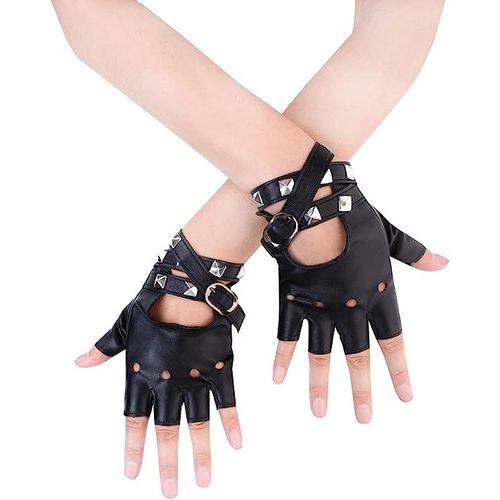 Gants Punk En Cuir Pu Pour Femmes (Noir) Gants De Performance À Demi-Doigts Avec Sangle Cloutée Ou Boucle