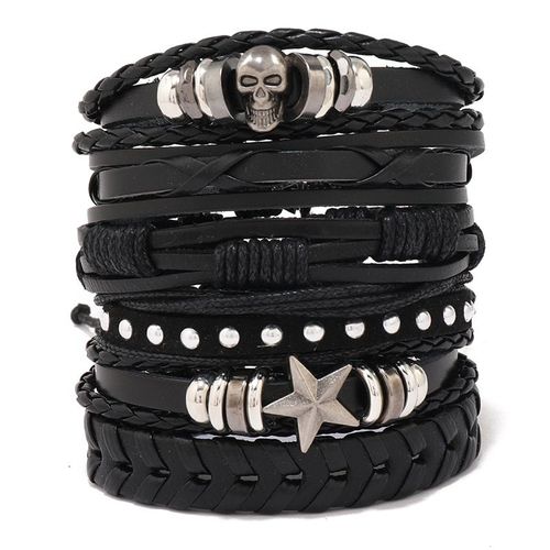 Lot De 6 Bracelets En Cuir Noir Marron Tressé Bracelets Larges Femme Homme Bijoux Punk Tete De Mort