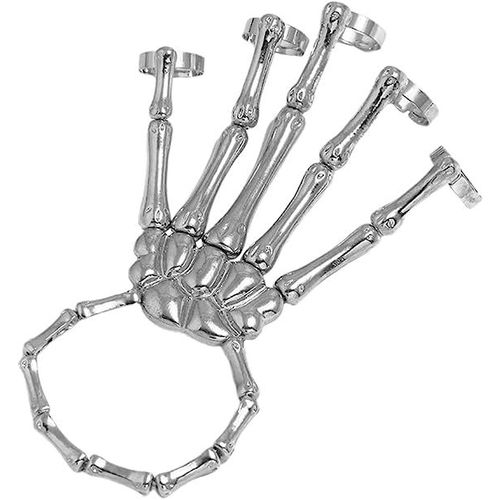 Bracelet Punk (Argent) Crâne Doigt Bracelet Crâne En Métal Avec Anneau Exagéré Métal Crâne Doigt Os Joint Bracelets Femmes Filles Fête Cadeau Bijoux