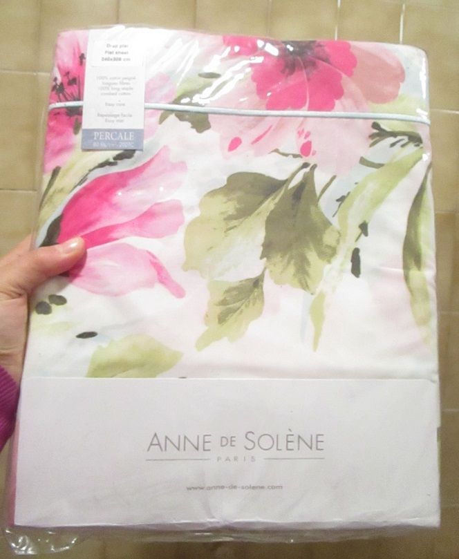 Drap Plat, Modèle Percale Avec Fleurs Rose Blanc, Anne De Solène, 240 X 305 Cm