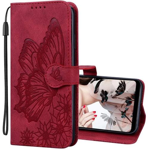 Coque Pour Samsung A20e Rabat Étui Galaxy A20e Premium Cuir Pu Housse Portefeuille Magnétique Compatible Avec Samsung Galaxy A20e Butterfly Red Cyb