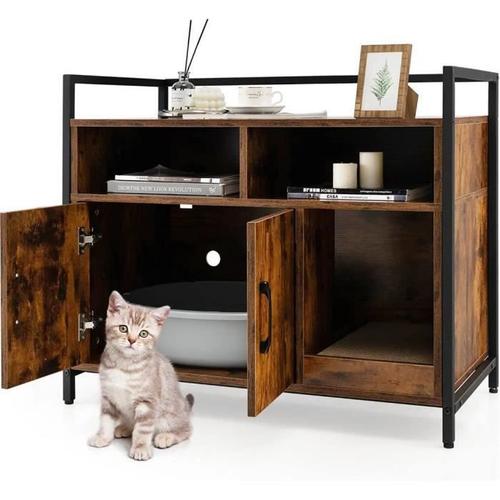 Costway Meuble Pour Litière À Chat Avec Double Porte Et Griffoir, Maison Pour Chat Avec Étagère Ouverte Et 2 Compartiments, Café