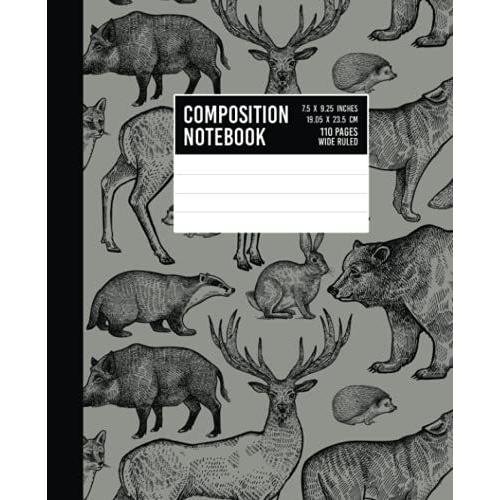 Composition Notebook: Old Fashioned Gray Animal Forest Nature Pattern - Wide Ruled Lined Paper Journal - 7.5" X 9.25" - 110 Pages
