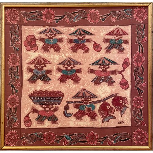 Batik indonésien avec motifs indonésiens, encadré, couleur dominante rouge