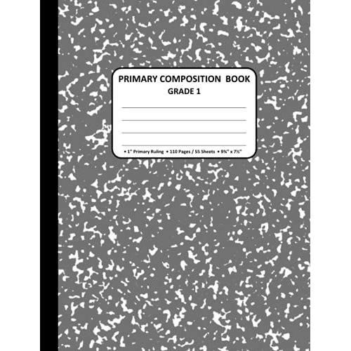 Marble Composition Book: Primary Journal Comp Book (Grade 1 Ruling), 110 Pages/55 Sheets, 9.75 X 7.5 Inches, Creative Story Writing Exercise Books For Elementary Kids Grade 1 - Grey Marbled Cover