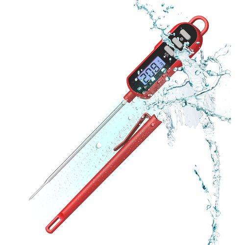Thermomètre Cuisine,Thermomètre De Cuisine À Lecture Instantanée Avec Sonde Longue Et Écran Lcd, Étanche Ipx6 Pour La Cuisson,Patisserie, Viande, Boissons Chaudes, Bbq - Rouge