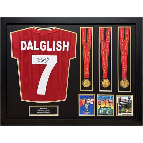 Kenny Dalglish Maillot Rétro Officiel Liverpool Signé Avec Triple Médaille De La Ligue Des Champions - Encadré
