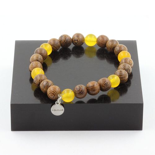 Bracelet Perles Agate Jaune + Bois 8 Mm. Fabriqué En France.